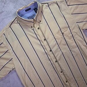 Vtg Bugle Boy Mens Button Down Shirt Large Tan Striped Short Sleeve No Wrinkle